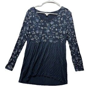 J. Jill Tunic Top Women Small Blue Floral Baby Doll V Neck Long Sleeve Soft